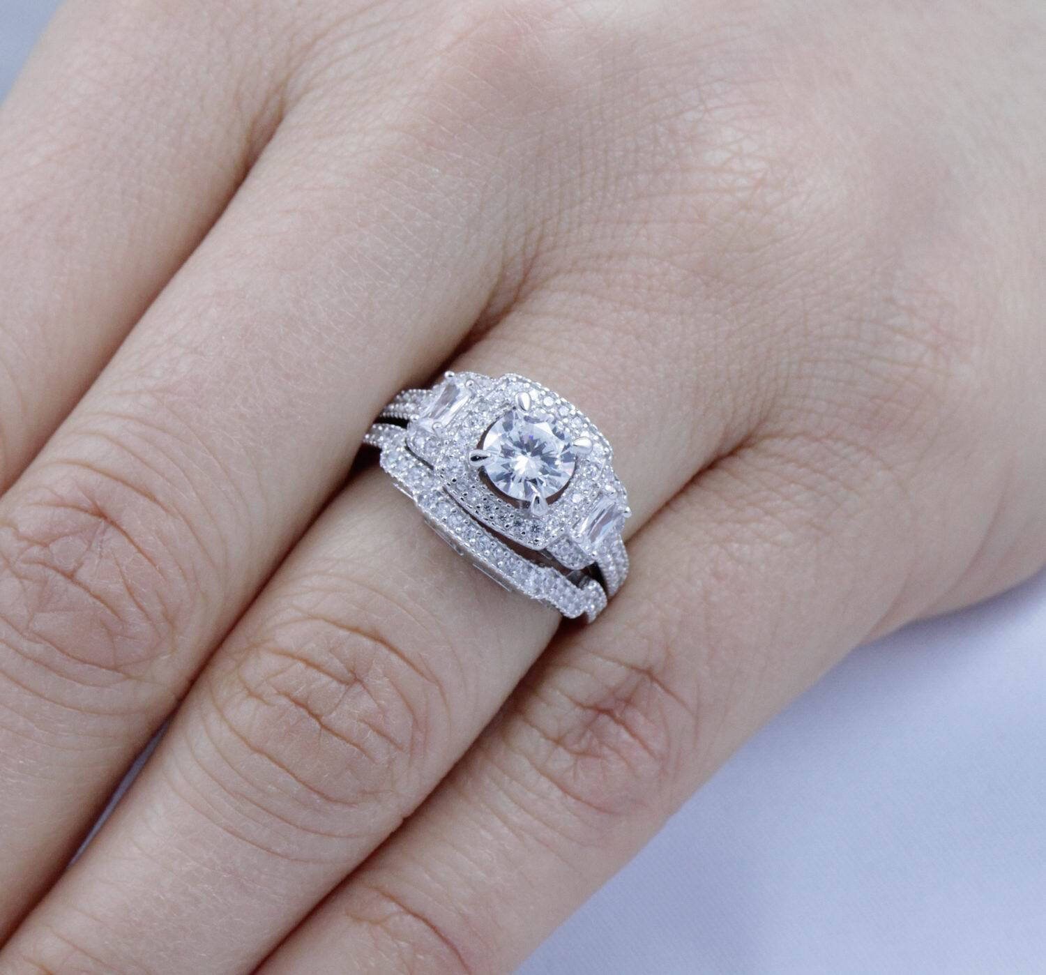 2 pc Round Cut Rhodium Women's Wedding Anniversary Bridal Band Ring Hers CZ NEW 2 pc Round Cut Rhodium Women's Wedding Anniversary Bridal Band Ring Hers CZ NEW