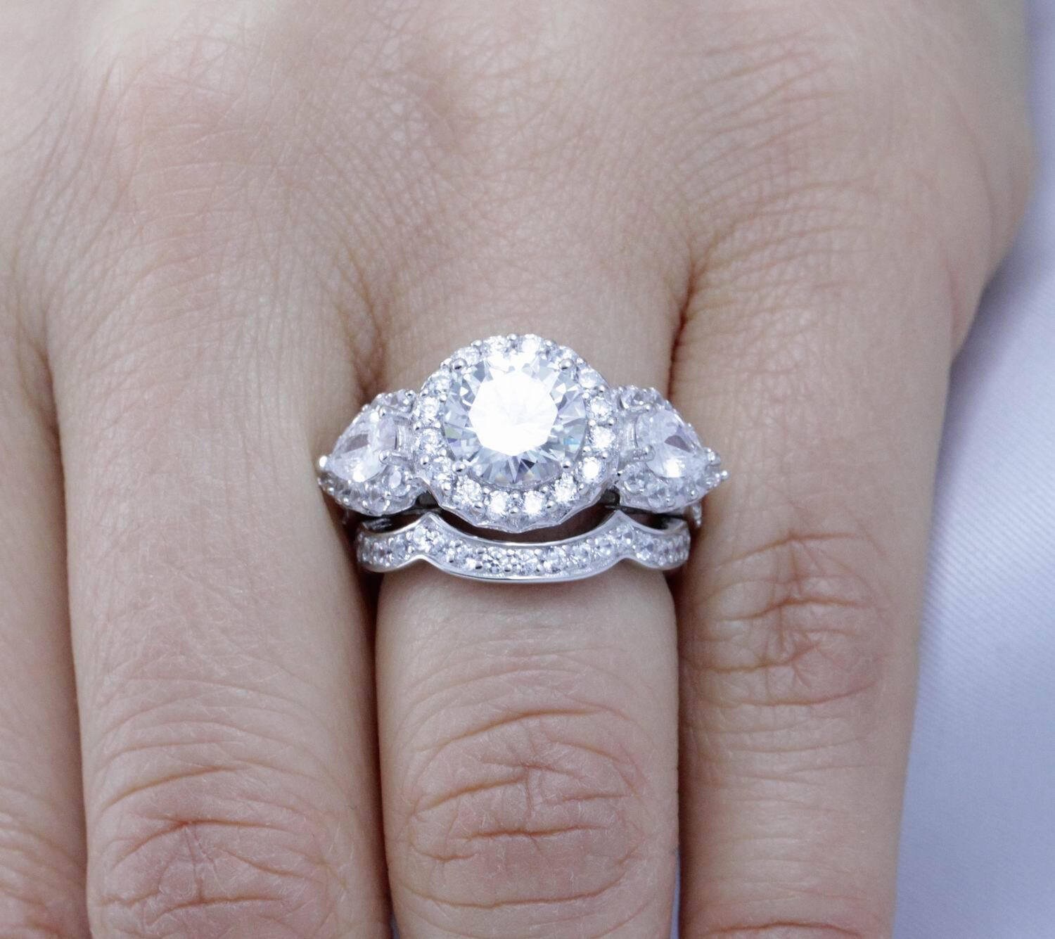 Women 3pcs Round Pink 925 Sterling Silver Wedding Engagement Ring Set Size 5-12 Women 3pcs Round Pink 925 Sterling Silver Wedding Engagement Ring Set Size 5-12