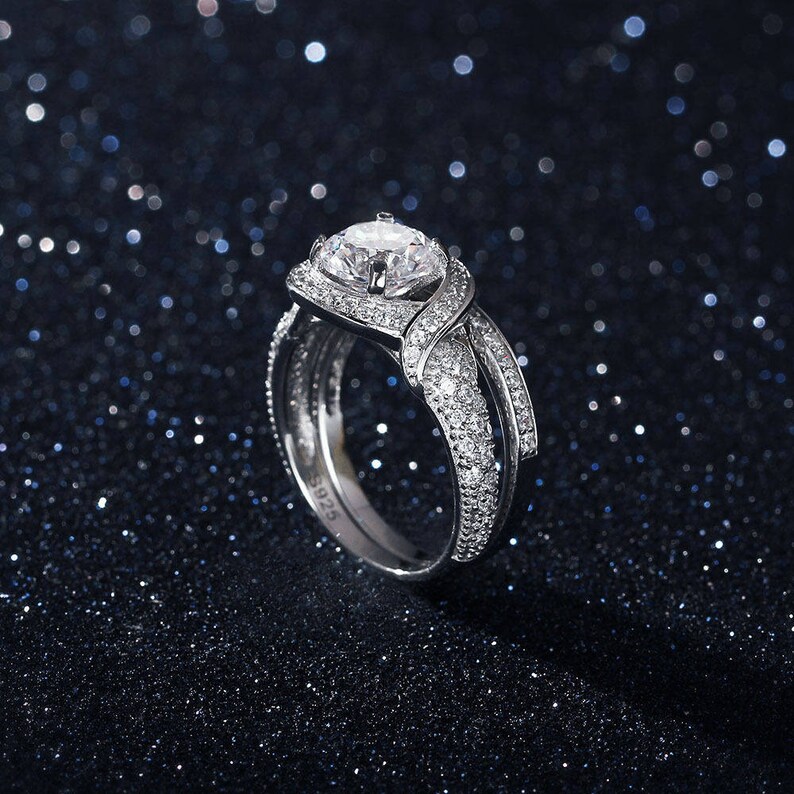 Women's Titanium Camo & Sterling Silver Ring Set – Halo CZ Engagement & Wedding Band - View #2