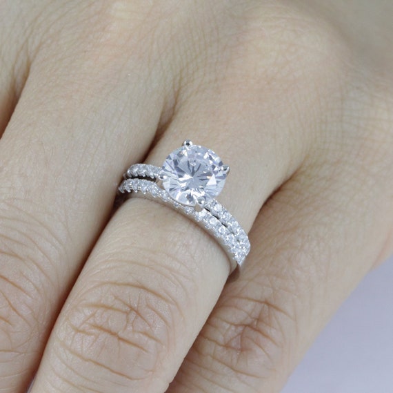2CT Round Cut Solitaire CZ Engagement Ring Wedding Band Ring Guard