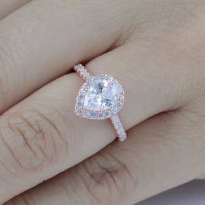 Pear Halo Rose Gold Over 925 Sterling Silver CZ Engagement Ring Wedding Band, Diamond Ring, Bridal Ring, Travel Ring Women Size 2.5-15 MLH4R