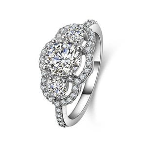 Three-stone Halo Framed 925 Sterling Silver CZ Engagement Ring Wedding ...