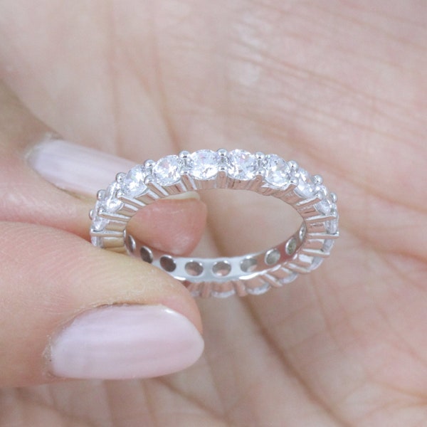 3MM Full Eternity Stack-able CZ Engagement Ring 925 Sterling Silver Celebration Bridal Ring Wedding Band Ring Guard Size 2.5-15 S9436