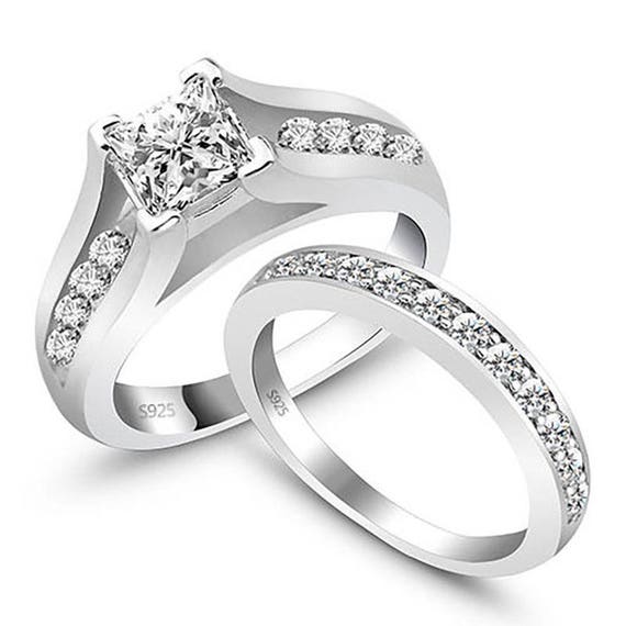 Princess Cut Sterling Silver CZ Wedding Engagement Band Rings | Etsy