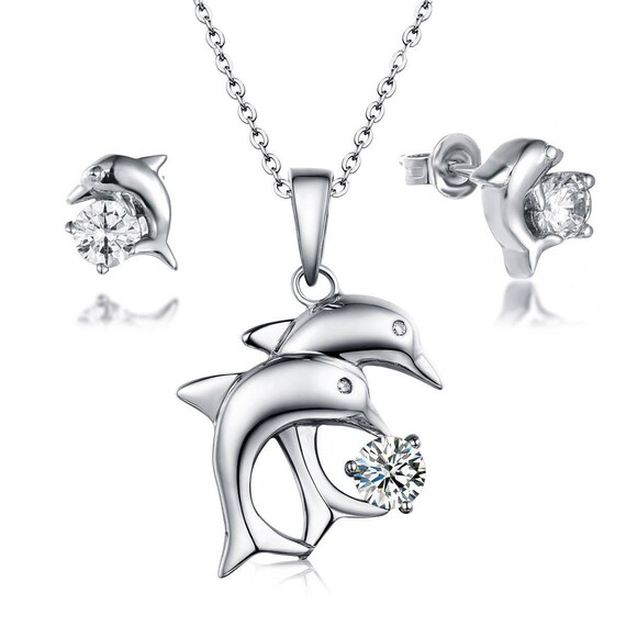 925 Sterling Silver CZ Stone Dolphins Dolphin Fish Love Pendant