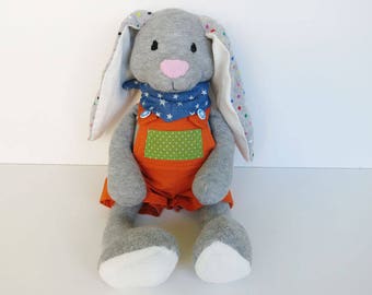 Handmade plush toy//sock animal//Stoffhase made of cotton with dungarees//gift for children