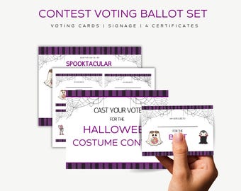 May include: A set of printable Halloween costume contest voting cards. The cards feature a purple and black striped background with a spiderweb design. The text on the cards reads "Cast your vote for the Halloween Costume Contest".