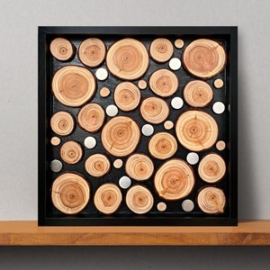 Wood slice wall art, Wood wall mosaic, Natural wood wall art, Metal wood wall decor, Reclaimed wood wall art