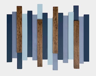 3D Wood Wall Art: Modern Geometric Sculpture, Blue-Gray & Walnut