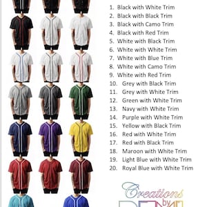 May include: Twenty baseball jerseys in various colors with white trim. The jerseys are arranged in four rows of five jerseys each. The jerseys are all the same style, with a v-neck, short sleeves, and a button-up front. The jerseys are all made of a lightweight, breathable fabric. The text "Creations by DEVI" is at the bottom of the image.