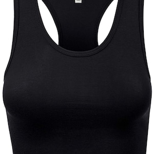 May include: Black racerback crop top with a scoop neck. The tag on the top reads "HATOPANTS".