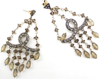 Vintage Sterling Silver 925 Chandelier Earrings with smokey quartz and rhinestones