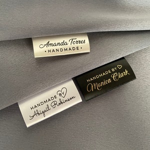 Etichette da cucire personalizzate, etichette per abbigliamento personalizzate, etichette in tessuto satinato bianco, crema o nero da cucire