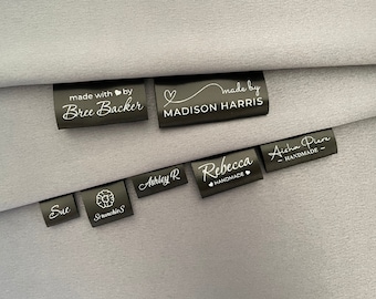 Etiquetas de satén negro, etiquetas personalizadas impresas en gris, plateado metalizado o dorado metalizado, etiquetas plegables para coser ropa.