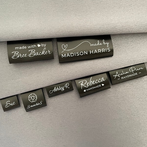 Black Satin Labels, Custom Printed Tags in Gray, Silver Metallic or Gold Metallic, Fold Over Sewing Clothing Labels