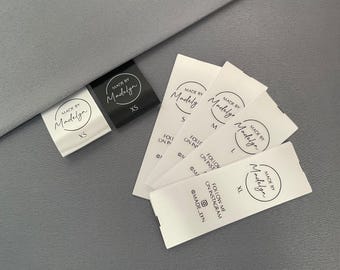 Etiquetas personalizadas con logotipo/texto y varios tamaños. Juego de etiquetas de satén suave para coser con variaciones de tamaño (hasta 5 tamaños).