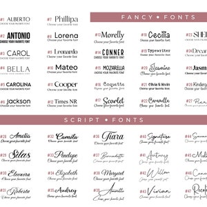 May include: A chart with a list of font names and numbers. The chart is divided into three sections: Basic Fonts, Fancy Fonts, and Script Fonts. Each font name is accompanied by a number and the instruction to choose your favorite font.