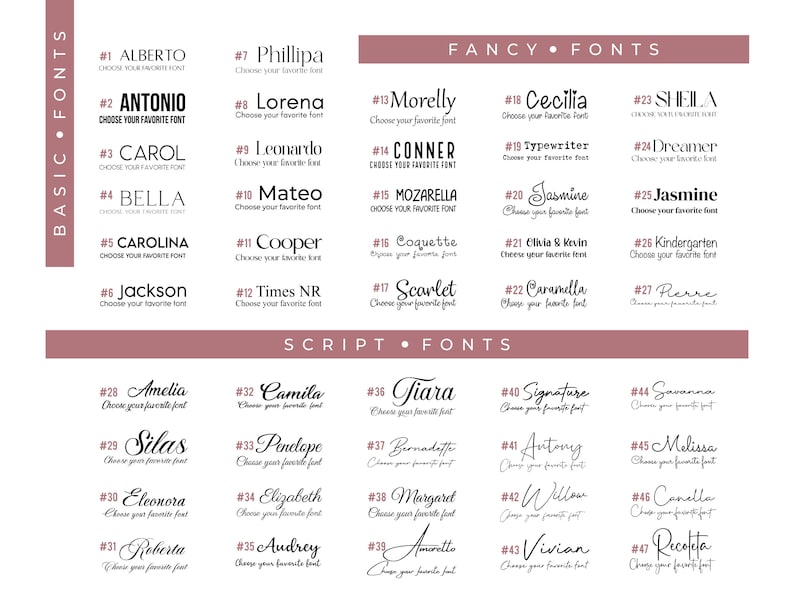 May include: A chart with a list of font names and numbers. The chart is divided into three sections: Basic Fonts, Fancy Fonts, and Script Fonts. Each font name is accompanied by a number and the instruction to choose your favorite font.