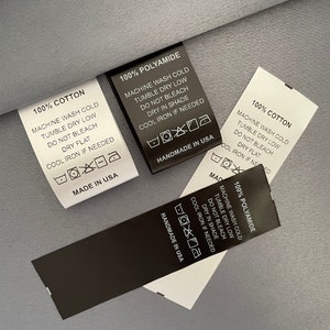Étiquettes d'entretien personnalisées, Étiquettes personnalisées pour le contenu du tissu, Étiquettes d'entretien du satin pour vêtements, 1 1/2 po. (40 mm) de large x hauteur personnalisée