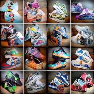 May include: A collage of 10 pairs of custom-painted sneakers. The sneakers are painted with various designs, including cartoon characters, sports team logos, and abstract patterns. The sneakers are all white with black soles.