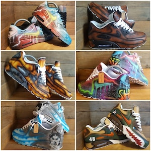 May include: A collage of ten custom-painted Nike Air Max 90 sneakers. The sneakers feature a variety of designs, including abstract patterns, animal prints, and cartoon characters.