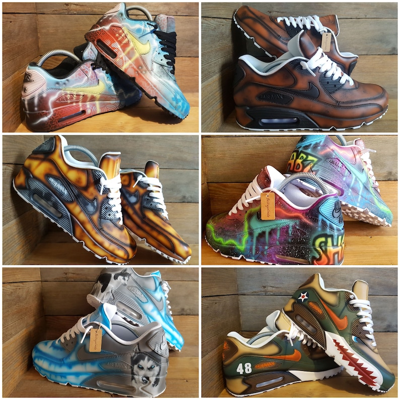 May include: A collage of ten custom-painted Nike Air Max 90 sneakers. The sneakers feature a variety of designs, including abstract patterns, animal prints, and cartoon characters.