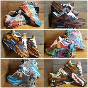 May include: A collection of ten custom-painted Air Max 90 sneakers. The sneakers feature a variety of designs, including abstract patterns, animal prints, and cartoon characters.