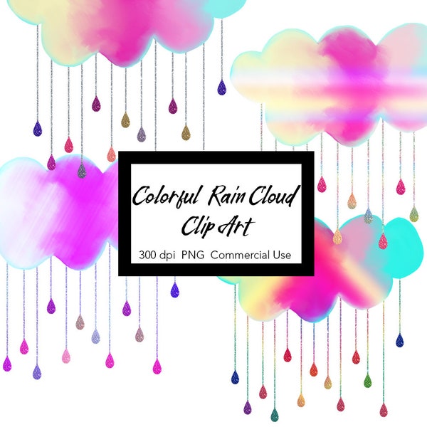 Rainbow cloud clipart / Colorful rain clouds / Glitter rain drops / cloud clip art / scrapbooking / commercial use / digital download