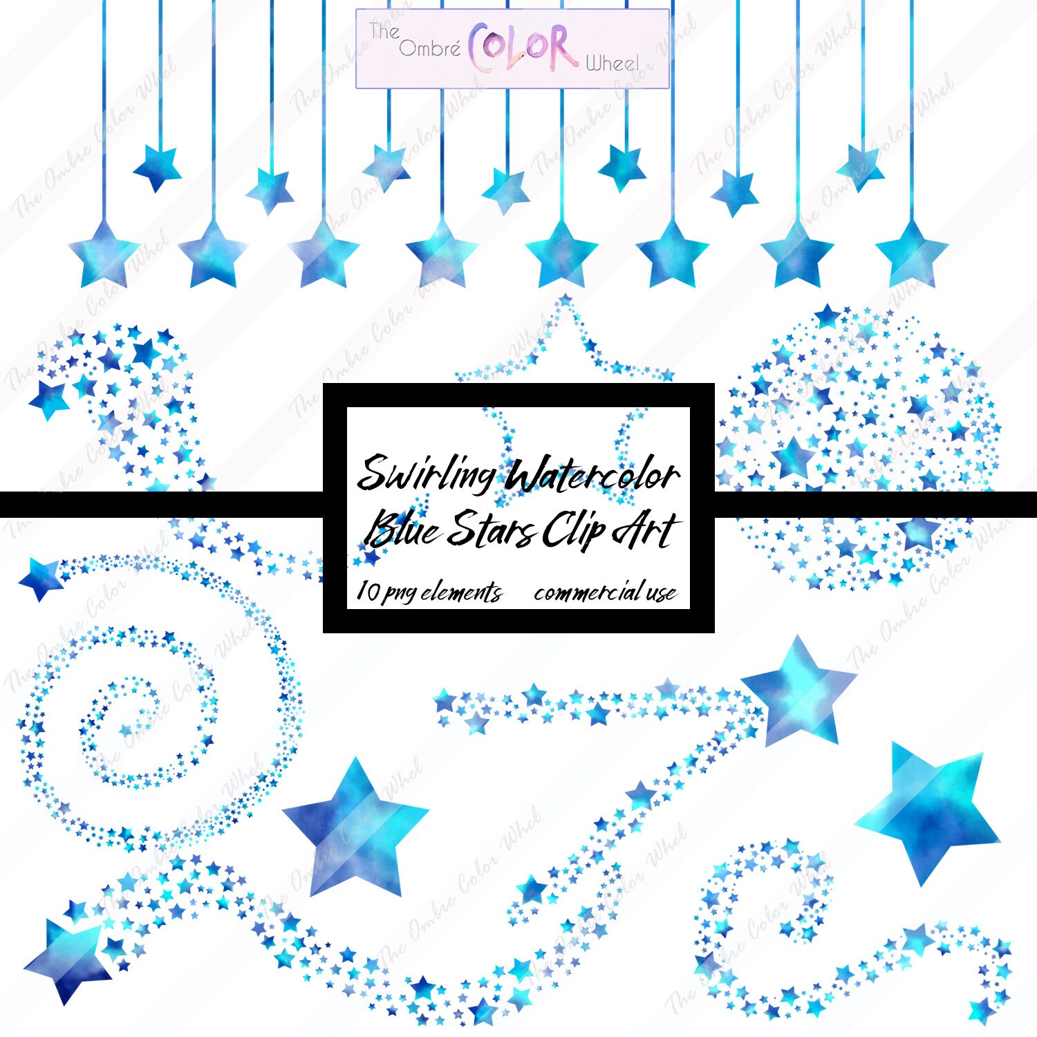 Watercolor Swirling Star Clip Art Blue Stars Iridescent Etsy