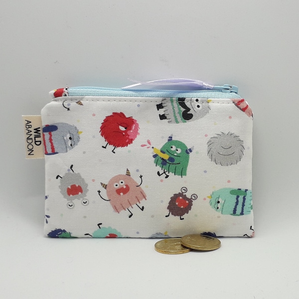 Monsters Coin Purse -  Cool Travel Accessories - Small Zip Pouch - Credit Card Wallet - Boyfriend Gift - Change Purse - White Blue Zipper