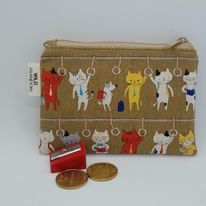 Subway Cats Coin Purse - Kawaii Cat Small Zip Pouch - Credit Card Holder - Travel Accessories Gift - Change Purse - Brown Linen