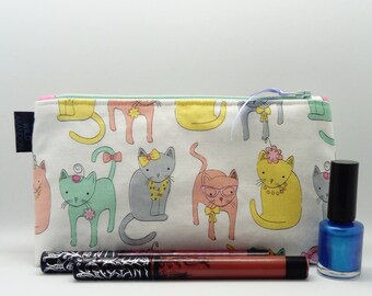 Pretty Cats Zip Pouch - Kawaii Cat Gift - Cosmetics Make Up Makeup Bag - White Green Pink Yellow Purple Ribbon Zipper
