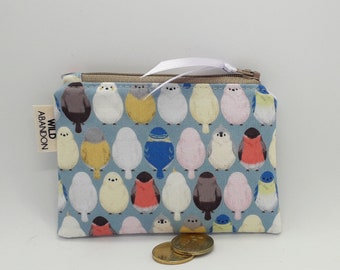Little Birds Coin Purse - Cute Small Zip Pouch - Credit Card Holder - Bird Lover Travel Gift - Change Purse - Blue Purple Ribbon Zipper