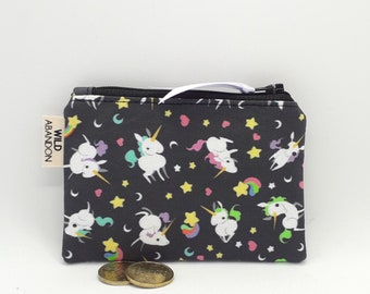 Monedero de unicornios arcoíris - Regalo adorable - Bolsita pequeña con cremallera - Tarjetero - Accesorios de viaje - Monedero - Cremallera negra y morada