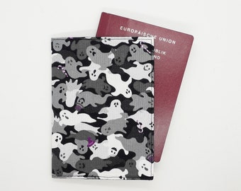 Camo Ghosts Passport Cover - Cool Goth Passport Holder Case - Travel Accessories Gothic Gift - Spooky Horror Halloween - Black White Cotton