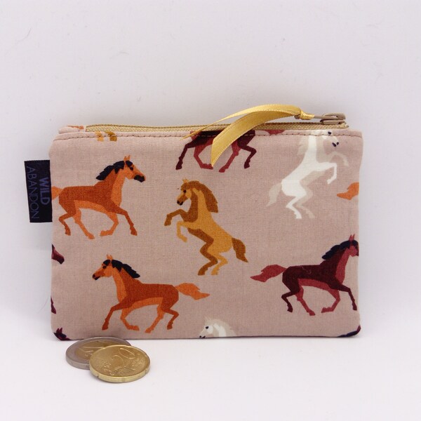 Brown Wild Horses Coin Purse - Small Zip Pouch - Horse Lover Gift - Credit Card Holder - Cute Travel Accessories - Cotton Beige Zipper