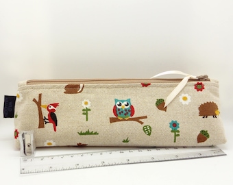 Woodland Animals Pencil Case - Cute Gift - School College Supplies - Owl Hedgehog Fox - Stationery Pens - Small Zip Pouch - Zipper