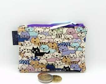 Purple Cat Gang Coin Purse - Kawaii Small Zip Pouch - Credit Card Holder - Japanese Cat - Travel Gift - Change Purse - Ribbon Zipper Pull