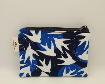 Blue Flying Birds Coin Purse - Handmade Cotton Zip Pouch