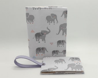 Grey Elephants Travel Set - Passport Cover & Luggage Tag - Gift for Traveller - Cute Travel Accessories Wallet - Grey Cotton Vegan Leather