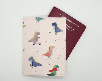 Playful Dinosaurs Passport Cover Pink - Cute Passport Holder Case - Travel Accessories - Gift for Child Traveller First Passport - Cotton