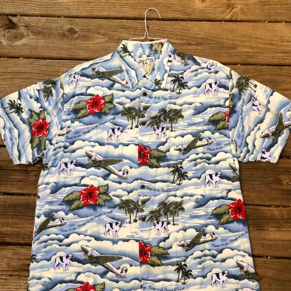 Vintage Big Dogs Hawaiian Shirt- "Places to go, Things to do, People to sniff"- 90s- Planes- Hawaii- Men's Large- Tiki- Party- 1990s- BBQ