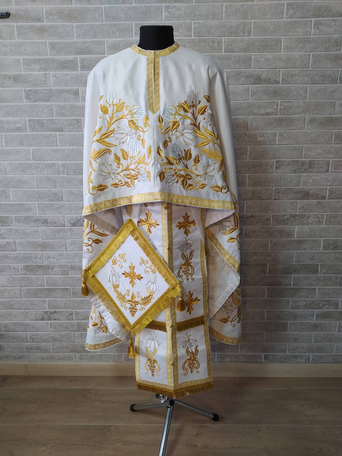 White Liturgical vestment in atlas Priest robe Orthodox Etsy