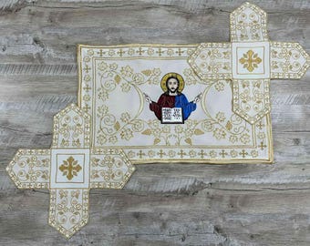 Bestickte orthodoxe Kelchüberzüge mit dem Erlösermotiv – Set aus Aer und Kelchschleier – Kelchüberzüge
