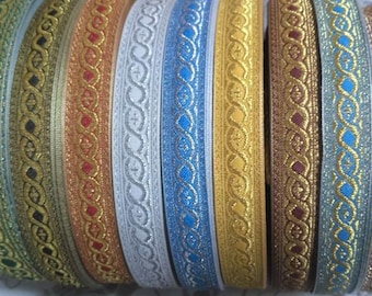 May include: Assortment of eight decorative trim ribbons with gold, silver, and blue accents. The ribbons feature a repeating pattern of interlaced circles and diamonds.