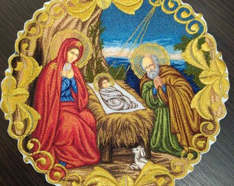 Icon of the Nativity - Liturgical embroidered vestment appliques - Round icon patch- Machine embroidery icon for vestments