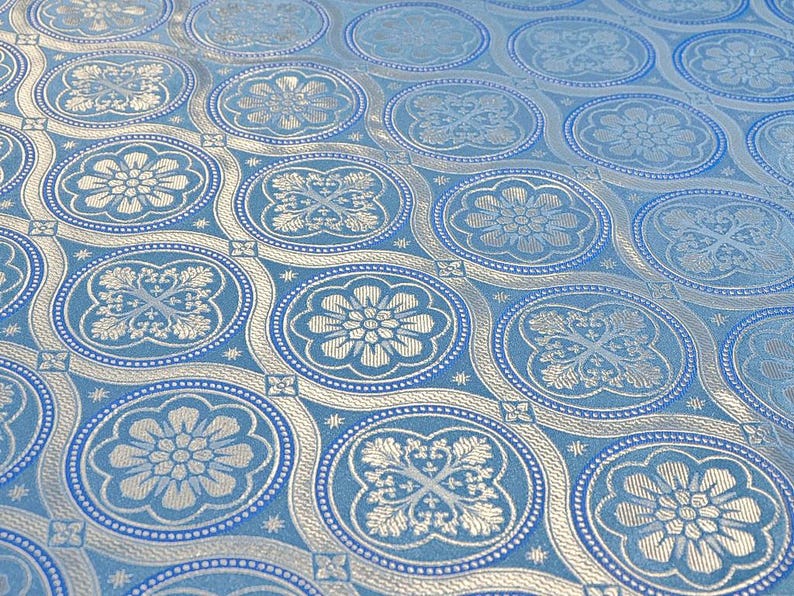 Ostern - Nichtmetallischer griechischer Brokat - Kirchenbrokat - Liturgischer Brokat - Priesterbrokat Light blue + Silver