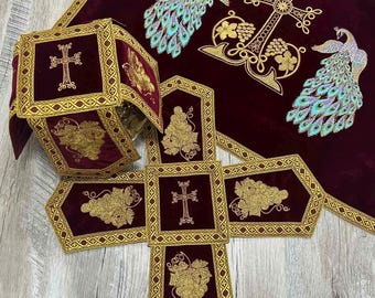 Fundas para cálices ortodoxas bordadas con pavos reales - Juego de aer y velo para cálice - Fundas para cálices