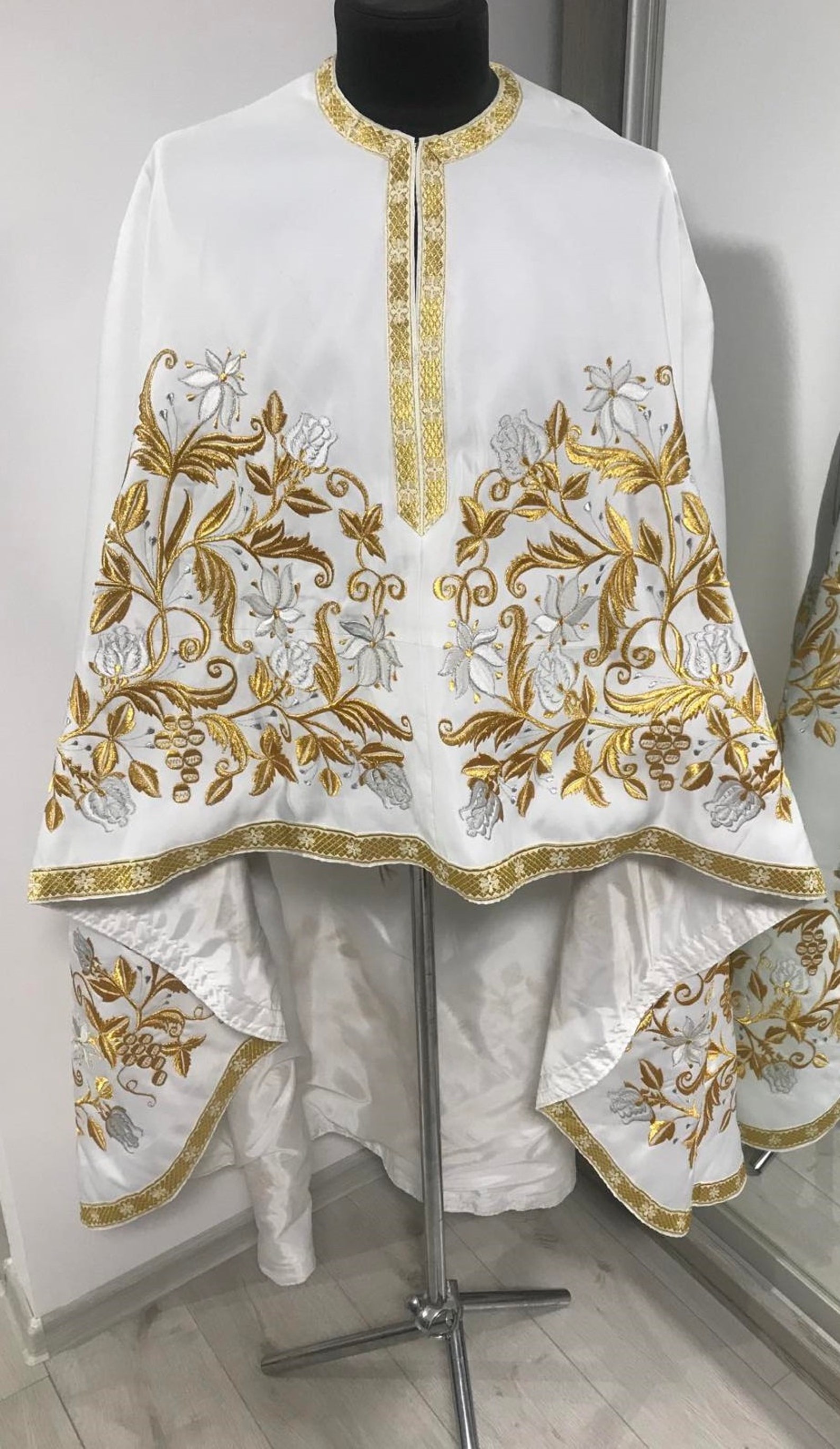 White Liturgical vestment in atlas Priest robe Orthodox Etsy