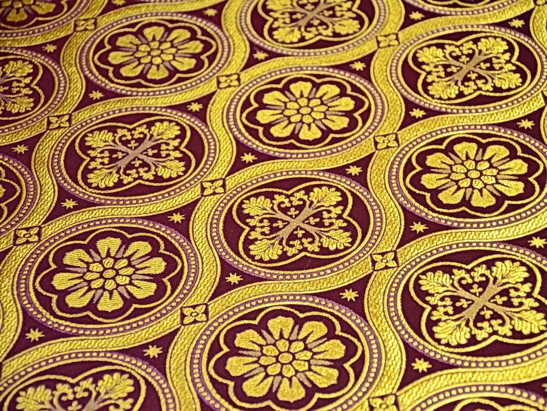 Ostern - Nichtmetallischer griechischer Brokat - Kirchenbrokat - Liturgischer Brokat - Priesterbrokat Violet + Gold